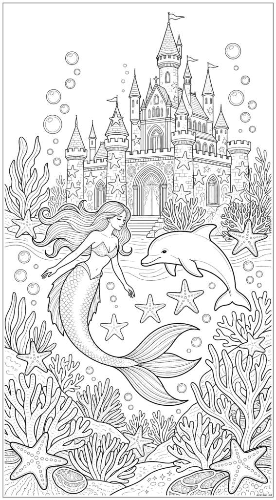 Een zeemeermin en dolfijn zwemmen in de buurt van een onderwaterkasteel met zeesterren die het tafereel versieren