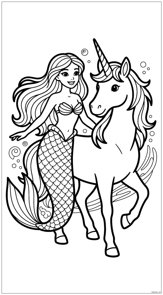 Een zeemeermin en een vriendelijke eenhoorn staan samen in een speelse pose