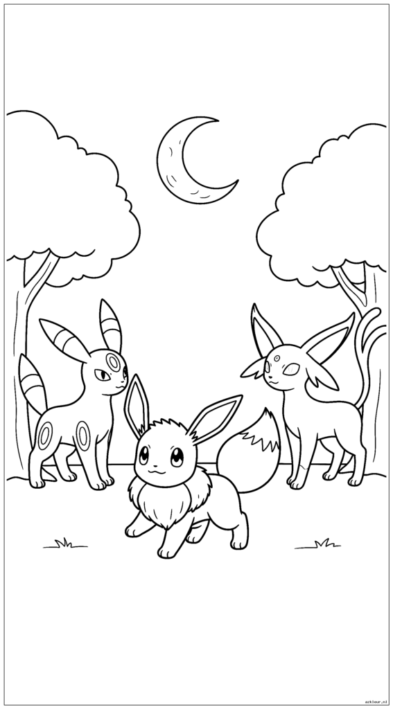 Eevee speelt verstoppertje met Umbreon en Espeon onder een halve maan