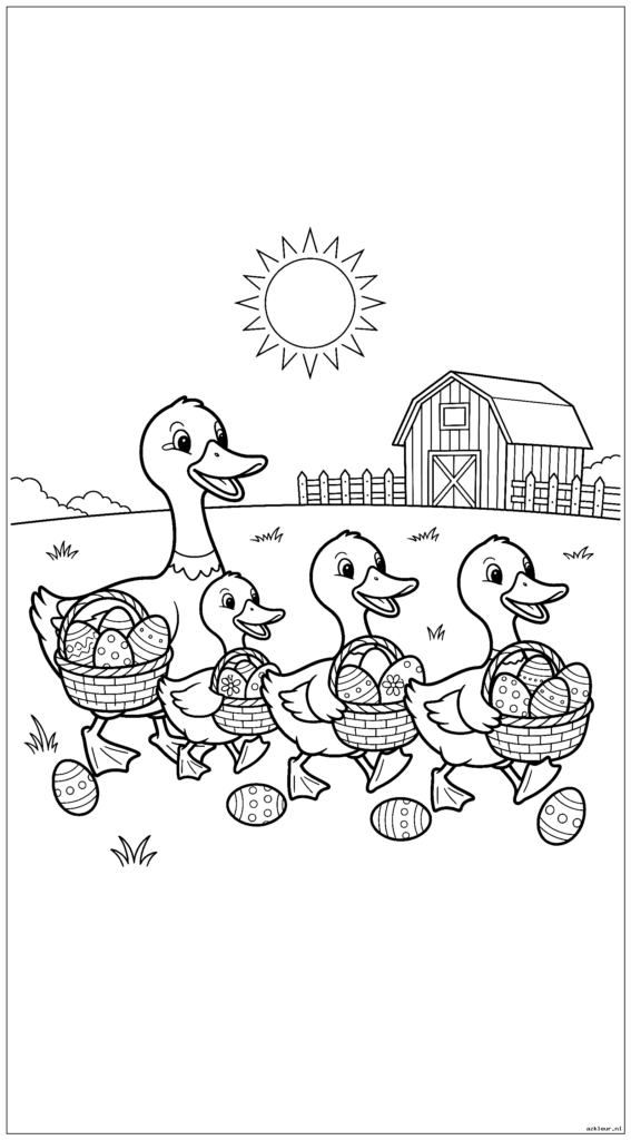 Familie van boereneend paradeert met paasmanden en versierde eieren