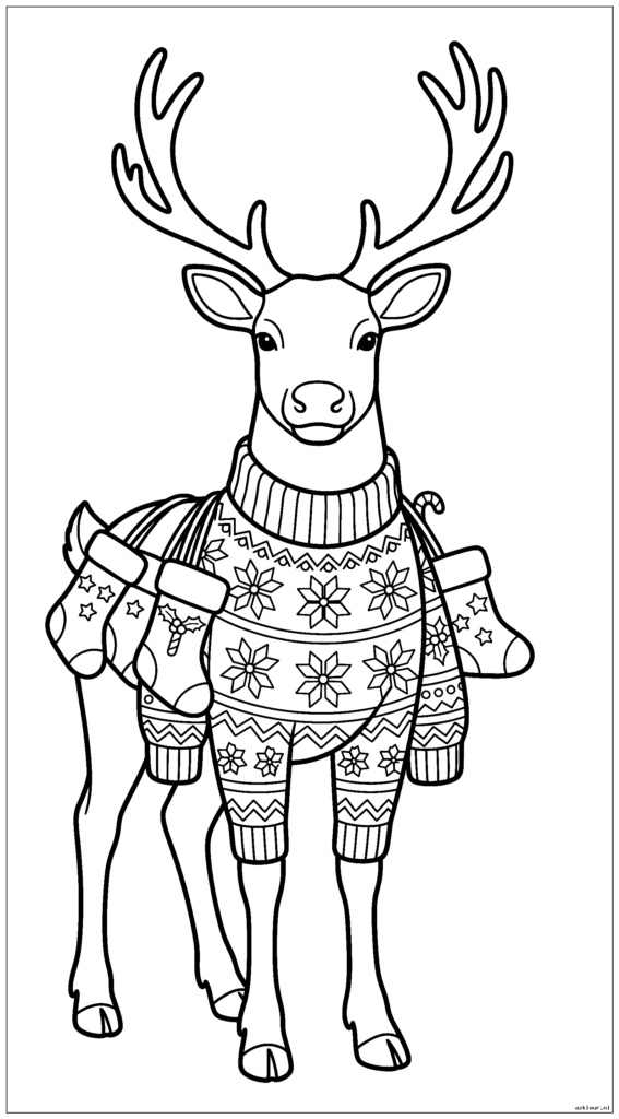 Feestelijk rendier met een kersttrui en kousen