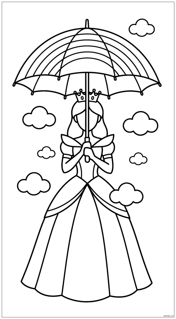 gecentreerde verticale lay-out met een prinses die een regenboogparaplu vasthoudt