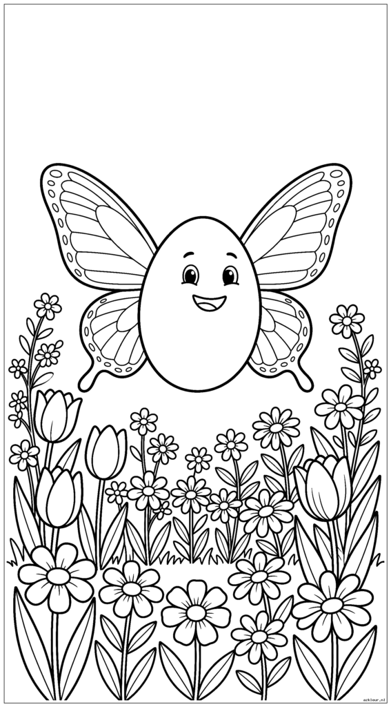 Gelukkig paaseikarakter dat met vlindervleugels vliegt in een bloementuin