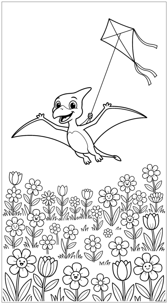 Gelukkige Pterodactyl die vliegert in een weide vol bloemen