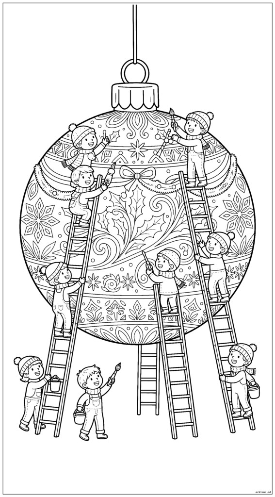 Gigantische sierlijke kerstbal met kinderen die hem versieren met behulp van ladders