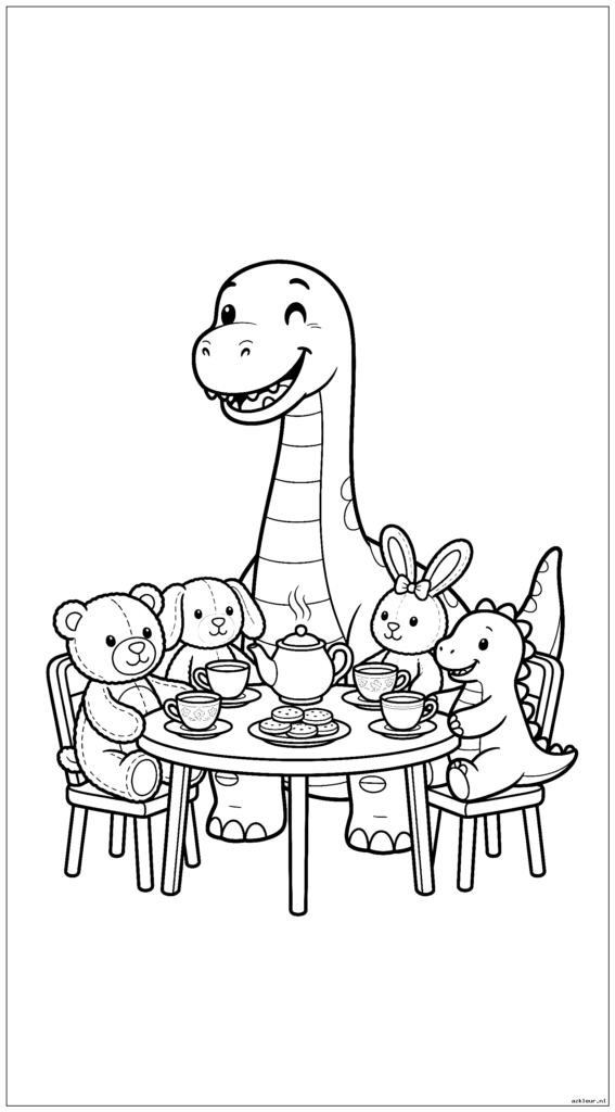 Glimlachende dinosaurus die een theekransje heeft met knuffeldiervrienden