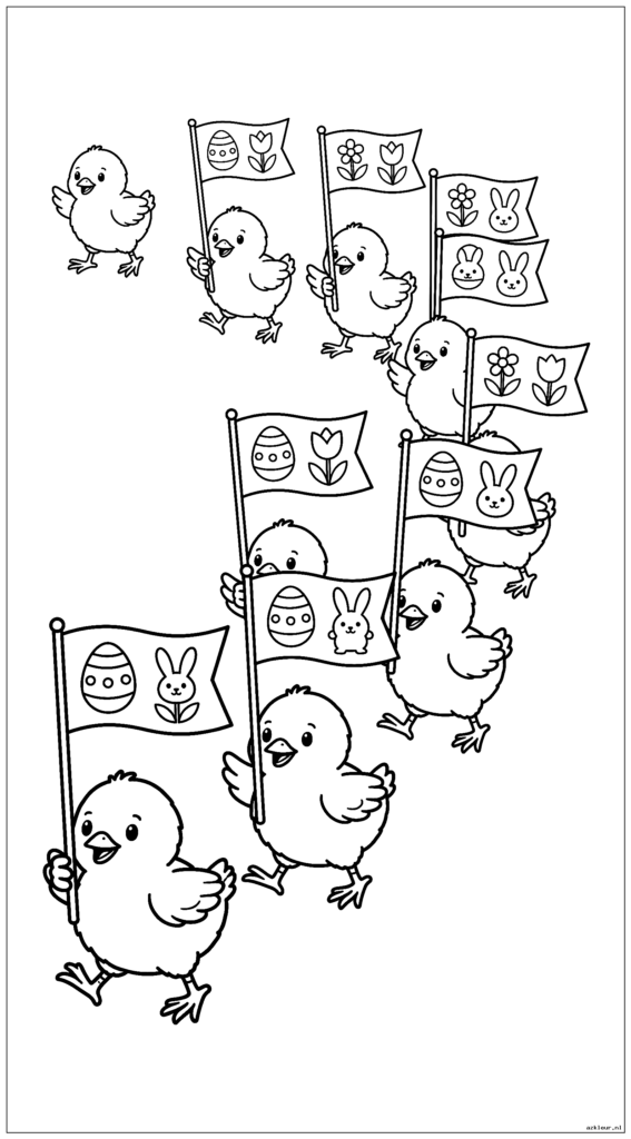 Groep babykuikens die een parade hebben terwijl ze kleine paasvlaggen dragen