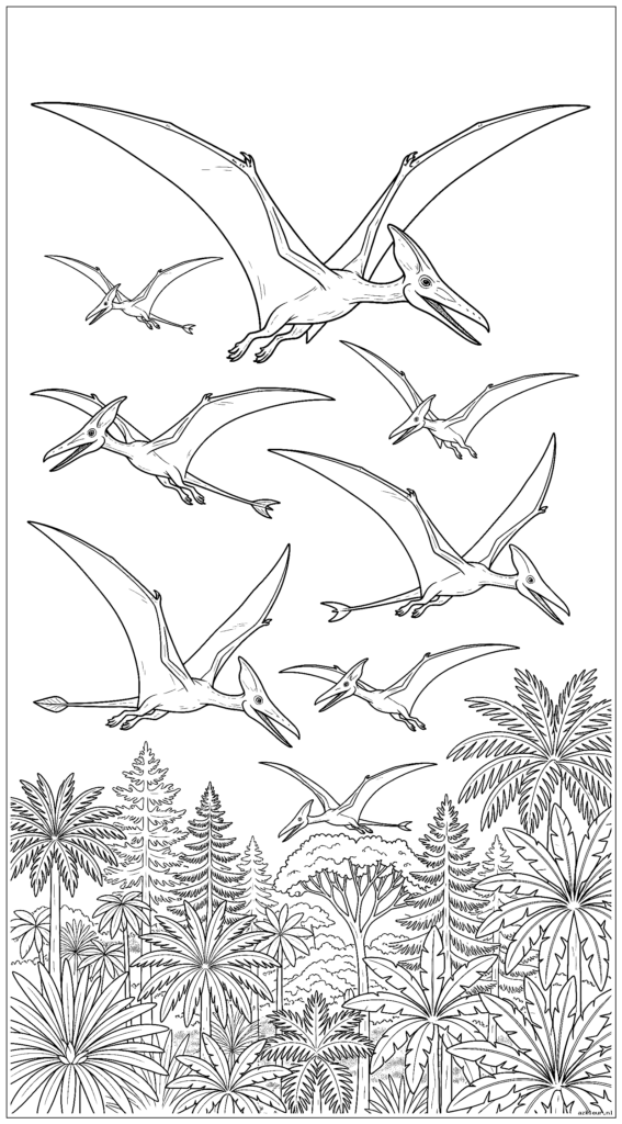 Groep pterosauriërs die boven prehistorische boomtoppen glijden