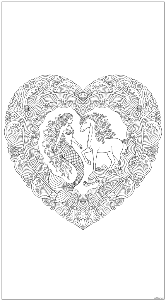 Hartvormige mandala met zeemeermin en eenhoorn tegenover elkaar