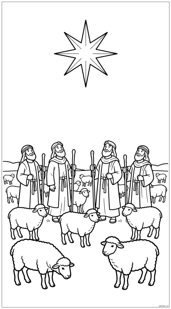 Herders in het veld met hun schapen kijkend naar de kerstster