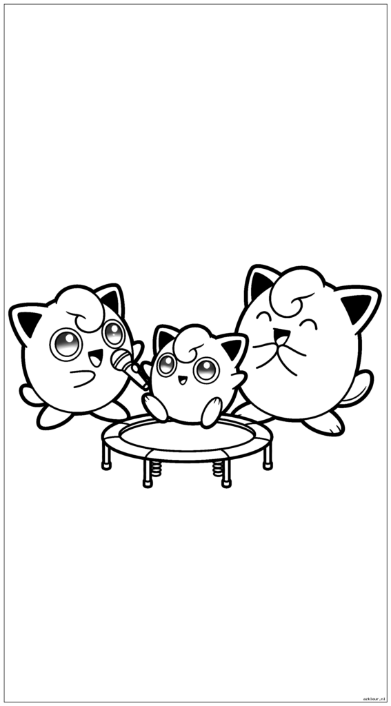 Igglybuff stuitert op een trampoline terwijl Jigglypuff zingt en Wigglytuff meeklapt