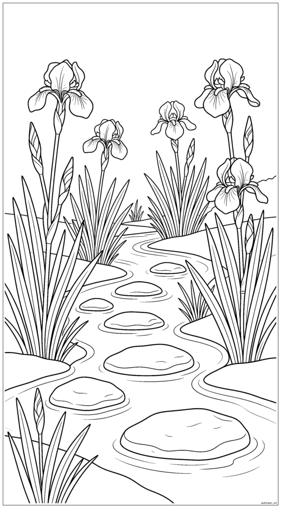 Irisbloemen groeien langs een beek met stapstenen die er doorheen lopen