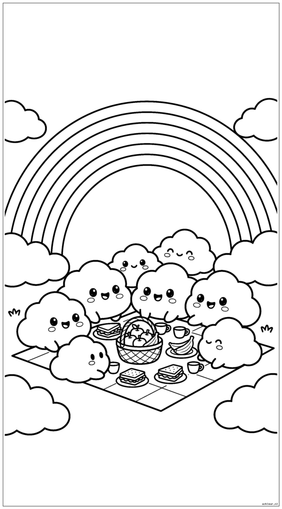Kawaii glimlachende wolkenfamilie die picknickt onder een regenboogbrug