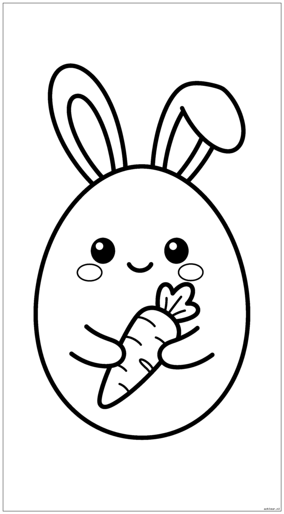 Kawaii paaseikarakter dat konijntjesoren draagt ​​en een wortel vasthoudt