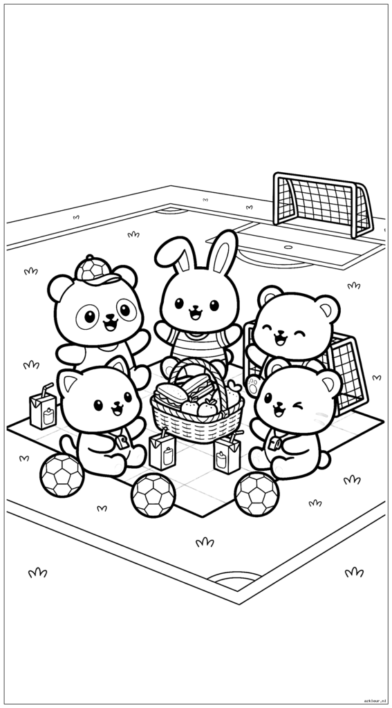 Kawaii voetbalteamdieren die een picknick hebben op het voetbalveld
