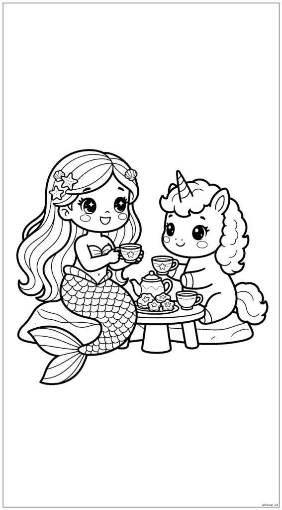 Kawaii zeemeermin en eenhoorn hebben een theekransje