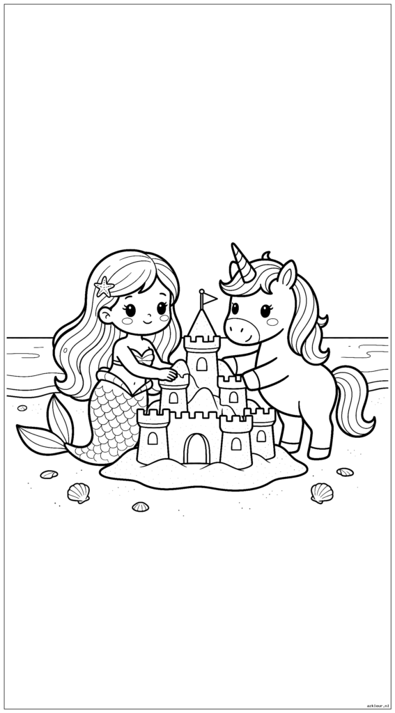 Kawaii zeemeermin en eenhoorn maken samen een zandkasteel op het strand