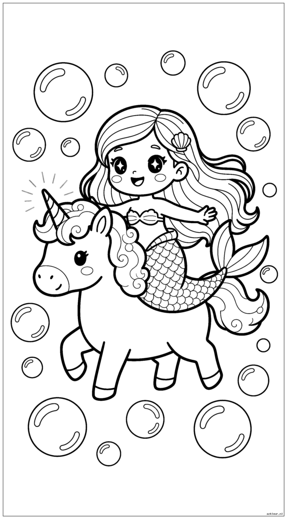 Kawaii zeemeermin rijdt op de rug van een speelse eenhoorn door zwevende bubbels