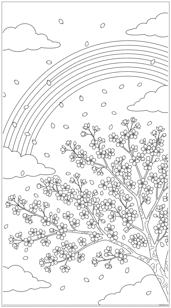 Kersenbloesemboom met bloemblaadjes die door de regenboog zweven en verspreide cumuluswolken