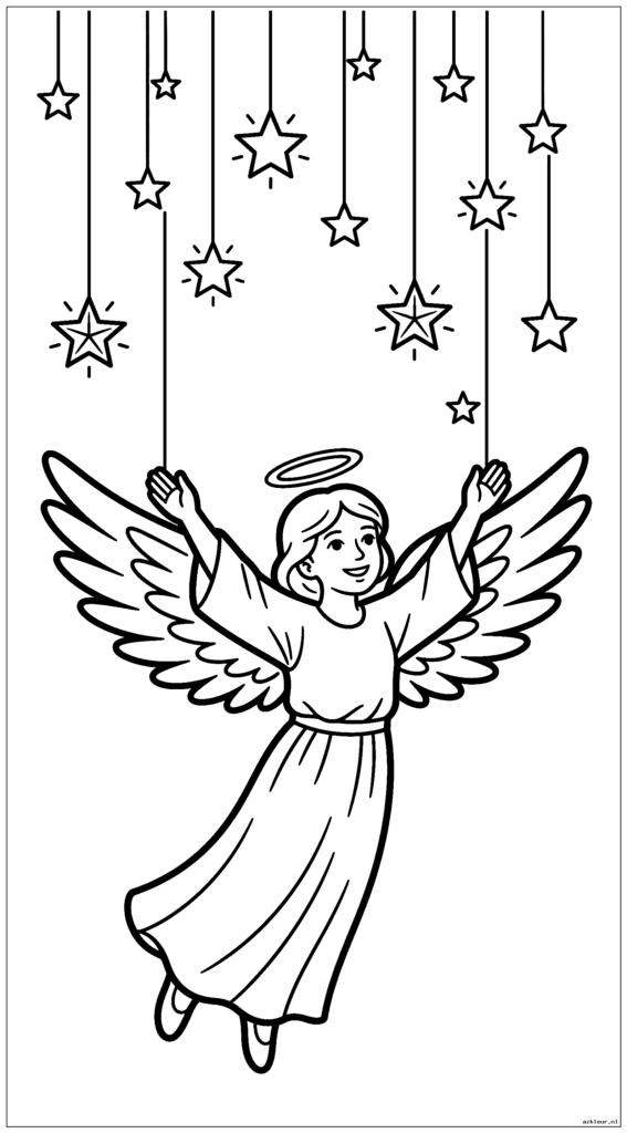 Kerstengel die fonkelende sterren aan de nachtelijke hemel hangt