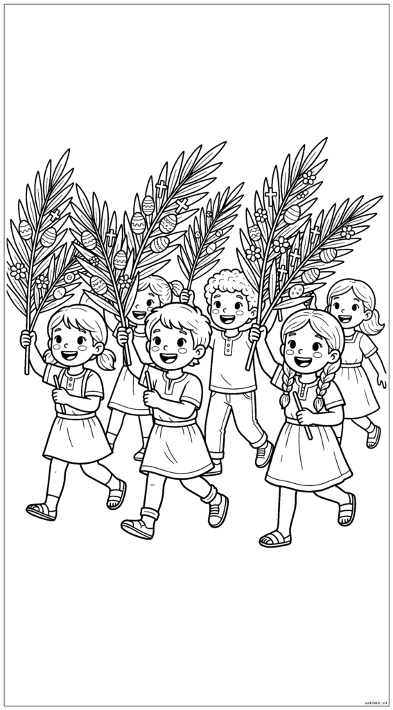 Kinderen dragen versierde palmtakken voor Palmzondag