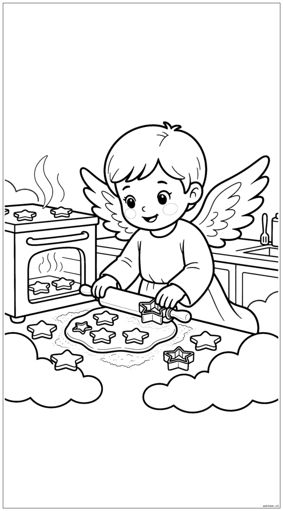 Kleine kerstengel bakt stervormige koekjes in de hemelse keuken