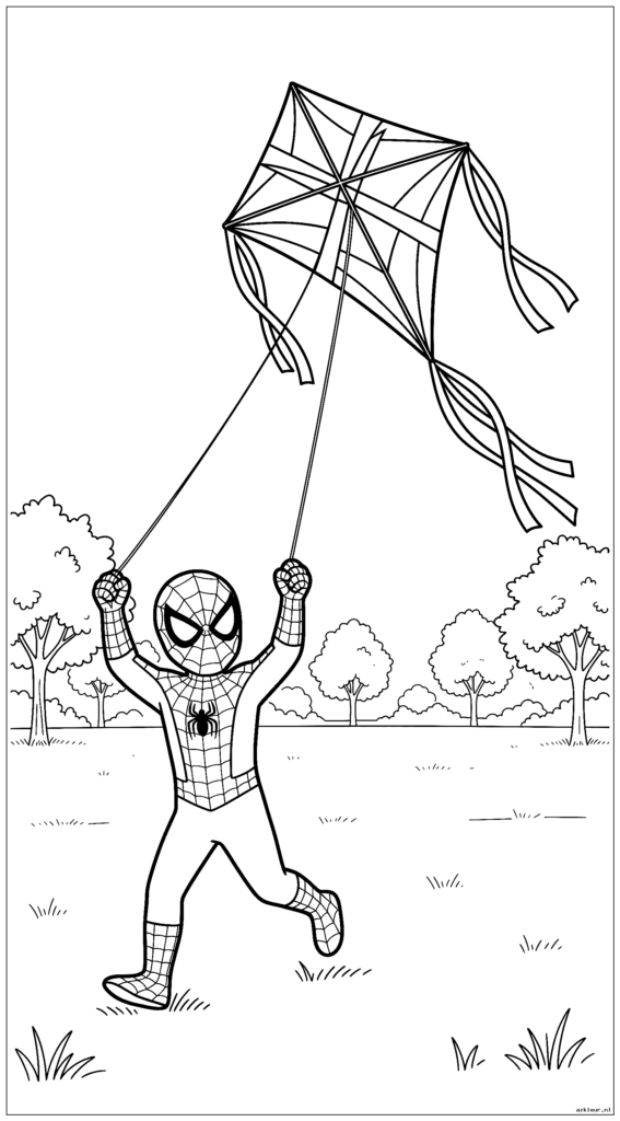 Kleine Spiderman vliegt met een kleurrijke vlieger in het park