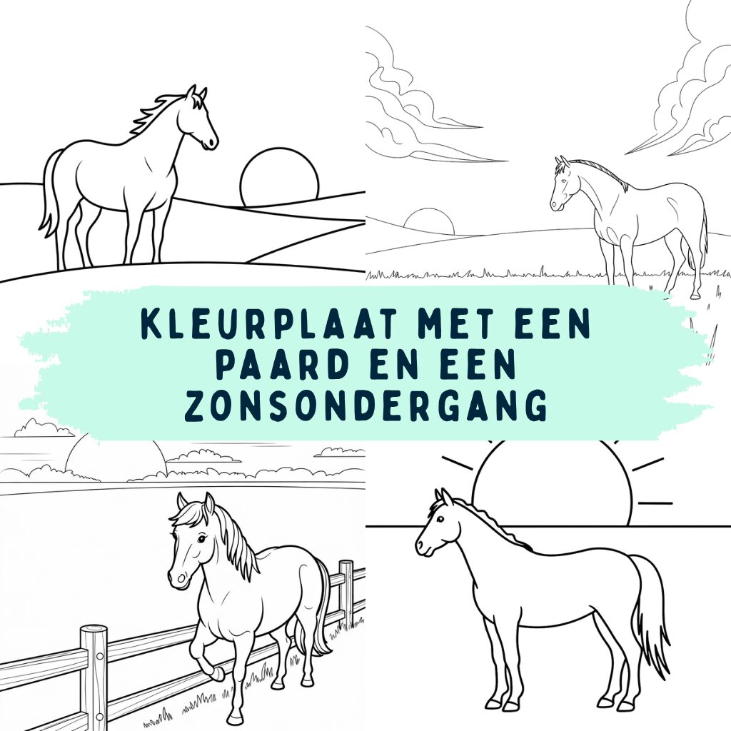 kleurplaat met een paard en een zonsondergang ft
