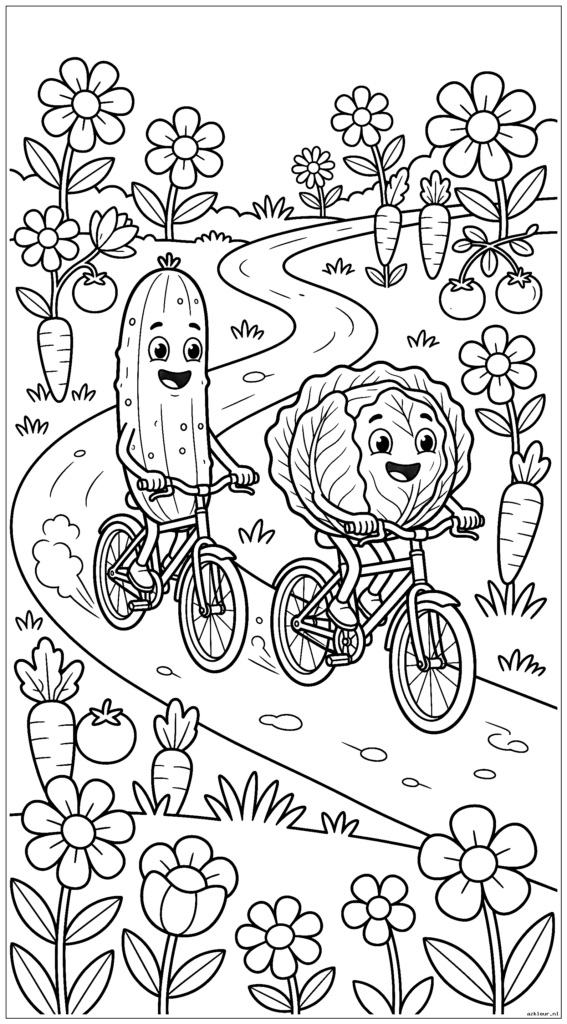 Komkommer en sla racen op fietsen door de tuin