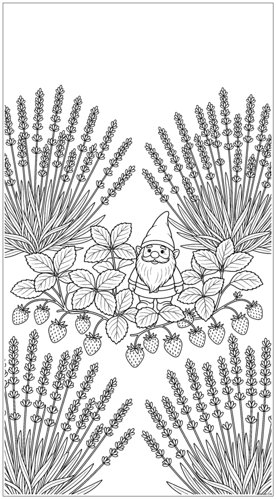 Lavendelstruiken rondom een ​​stukje aardbeiplanten met een tuinkabouter