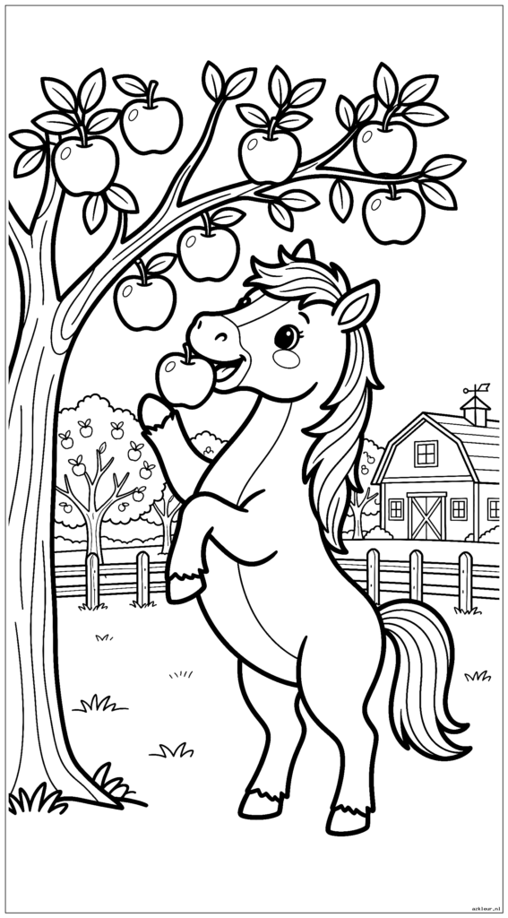 Leuk cartoonpaard dat appels eet van een boom in de boomgaard van de boerderij