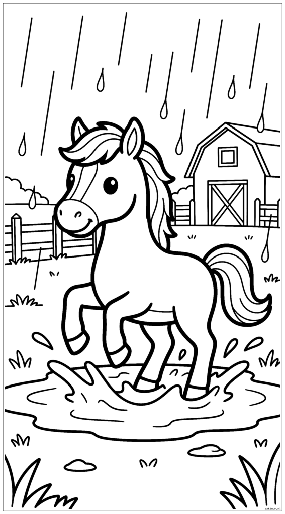 Leuk cartoonpaard dat op een regenachtige dag in een boerderijplas spettert