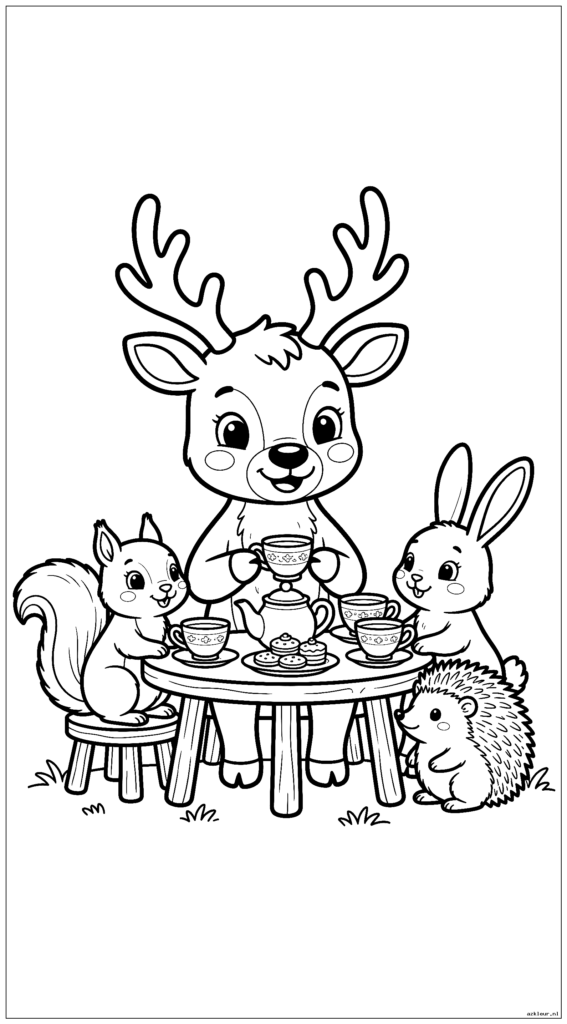 Leuke cartoonrendieren die een theekransje hebben met bosvrienden