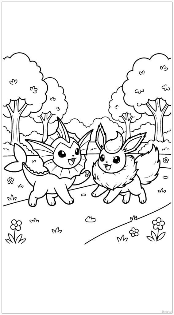 Leuke Vaporeon en Flareon die tikkertje spelen in een park