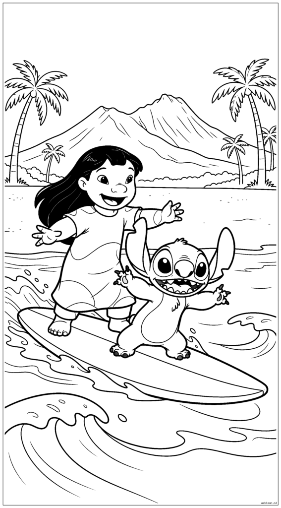 Lilo leert Stitch surfen op een Hawaïaans strand