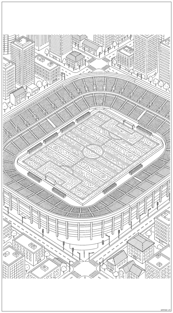 Luchtfoto van voetbalstadion met ingewikkelde veldpatronen