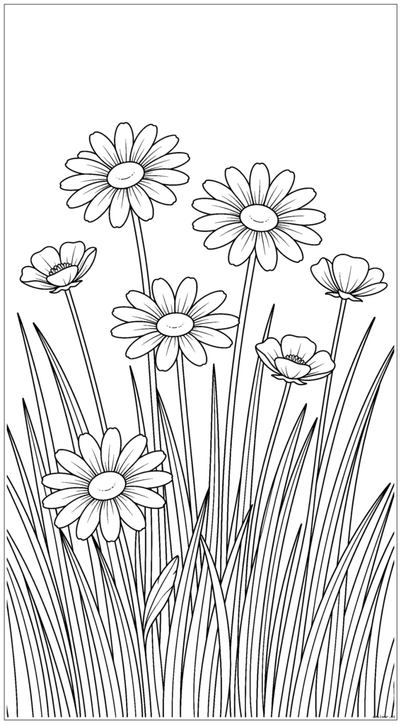Madeliefjes en boterbloemen groeien in een weiland met hoog gras