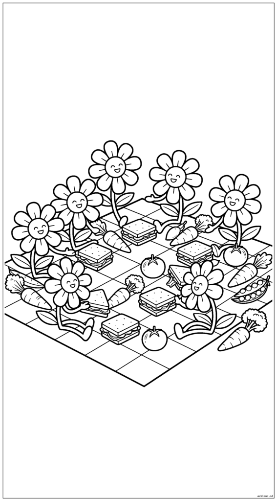 Madeliefjes picknicken op een geruite deken met kleine boterhammen
