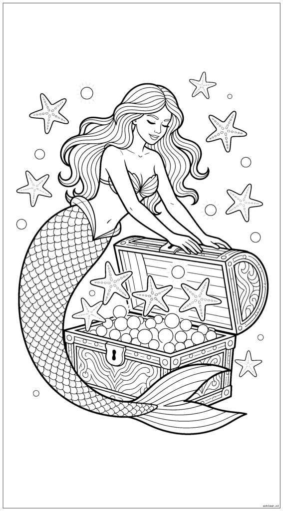 Magische zeemeermin die een schatkist opent gevuld met dansende zeesterren en magische parels