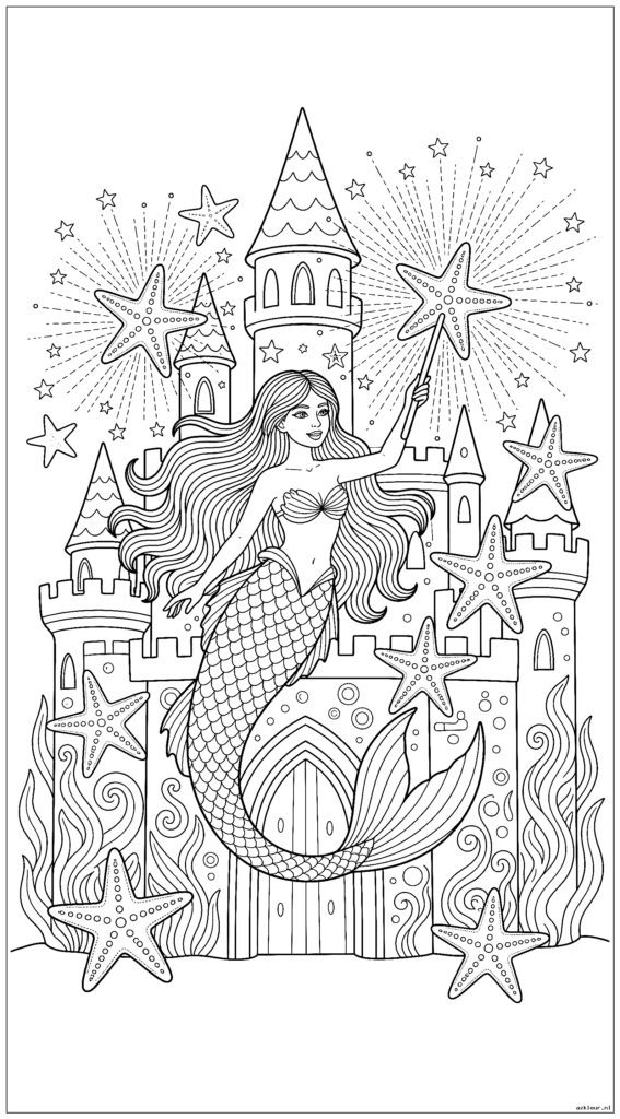 Magische zeemeermin die sprankelende spreuken uitspreekt met een zeesterstaf in een betoverd onderwaterkasteel