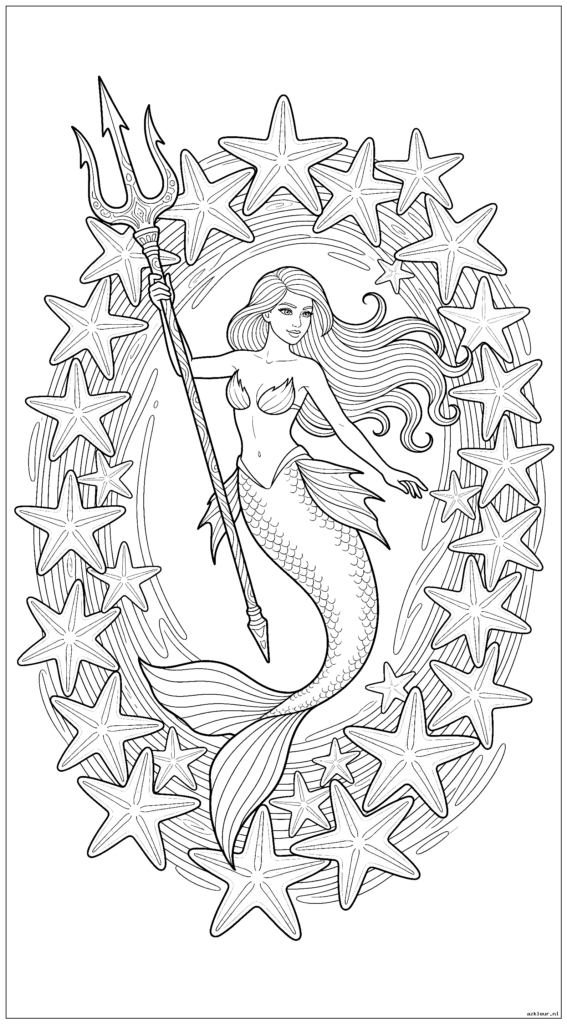 Magische zeemeermin zweeft door een portaal vol zeesterren terwijl ze een magische drietand vasthoudt