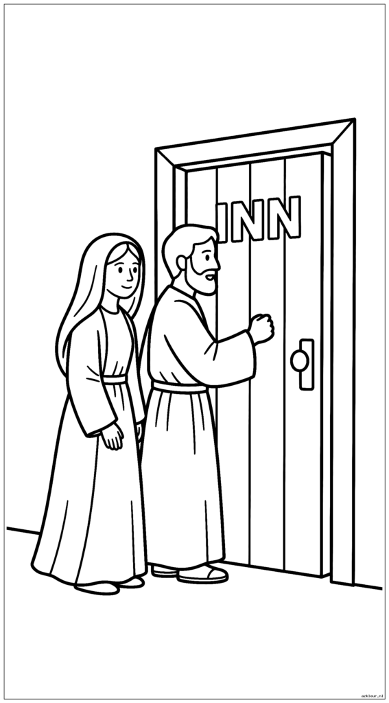 Maria en Jozef kloppen op de deur van de herberg en zoeken onderdak