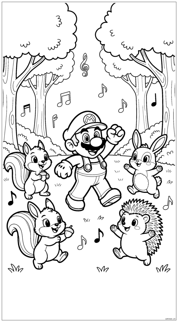 Mario danst met vriendelijke dieren op een open plek in het bos