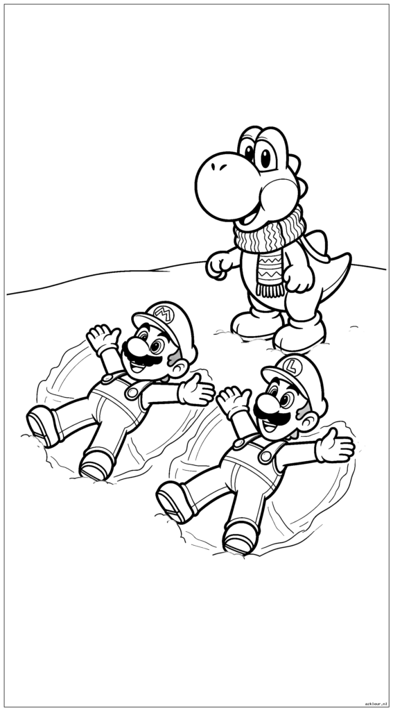 Mario en Luigi maken sneeuwengelen terwijl Yoshi toekijkt met een wintersjaal