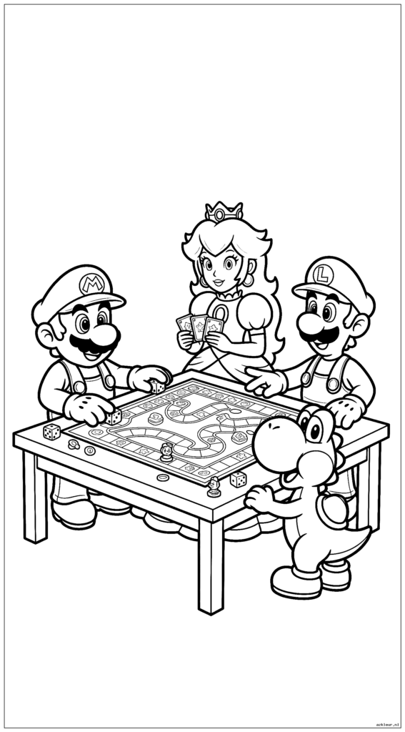 Mario en Peach spelen gezelschapsspelletjes met Yoshi en Luigi in de Mario Party-bordspelscène aan de tafel