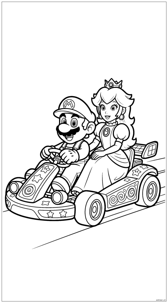 Mario en Princess Peach rijden in een versierde skelter
