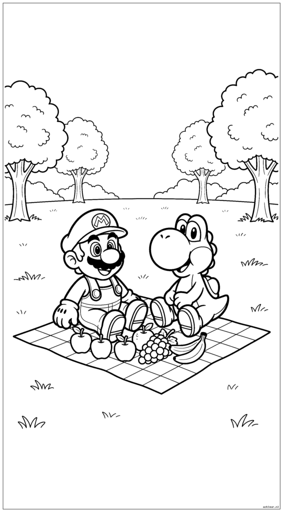 Mario en Yoshi picknicken op een grasveld met een dekentje
