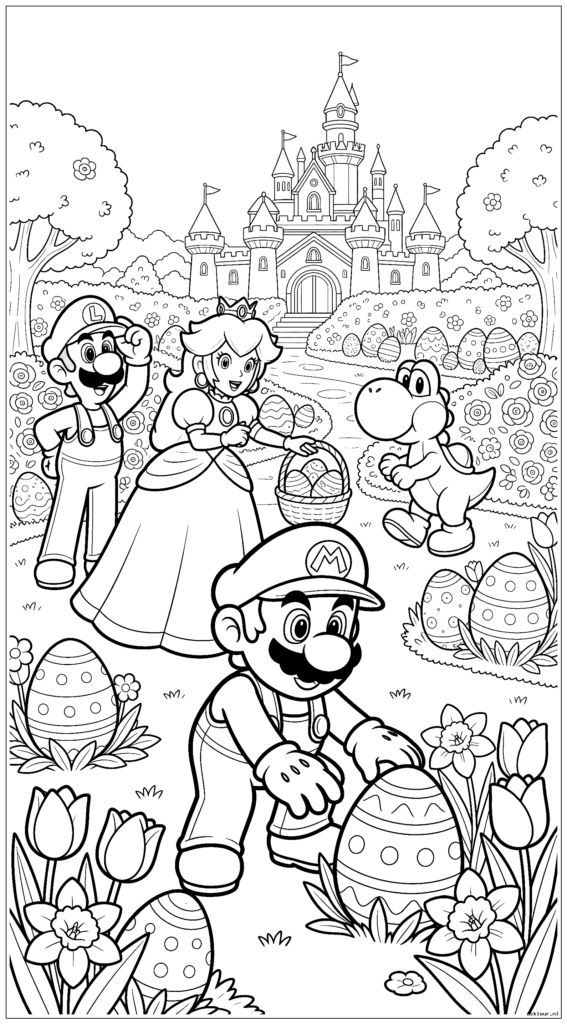 Mario en zijn vrienden gaan op paaseierenjacht in de kasteeltuinen van Peach
