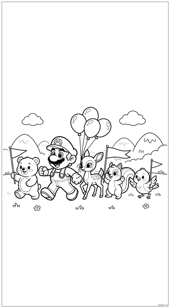 Mario loopt in een kleine optocht met dieren die vlaggen en ballonnen vasthouden