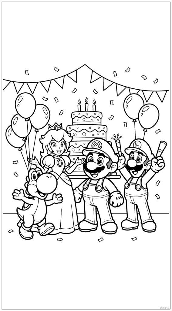 Mario op een verjaardagsfeestje met perzikprinses